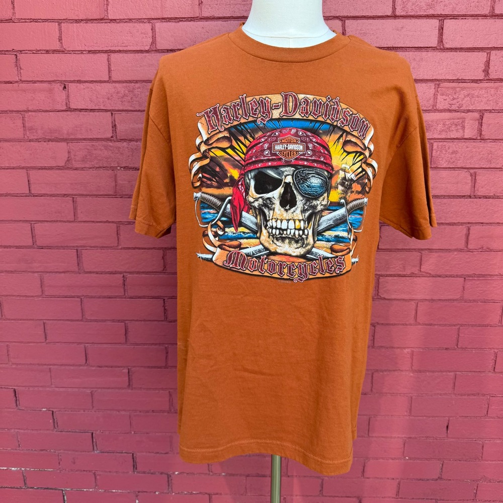 Harley Davidson Shirt Mens Large Orlando Florida Pirate Skull Graphic Biker